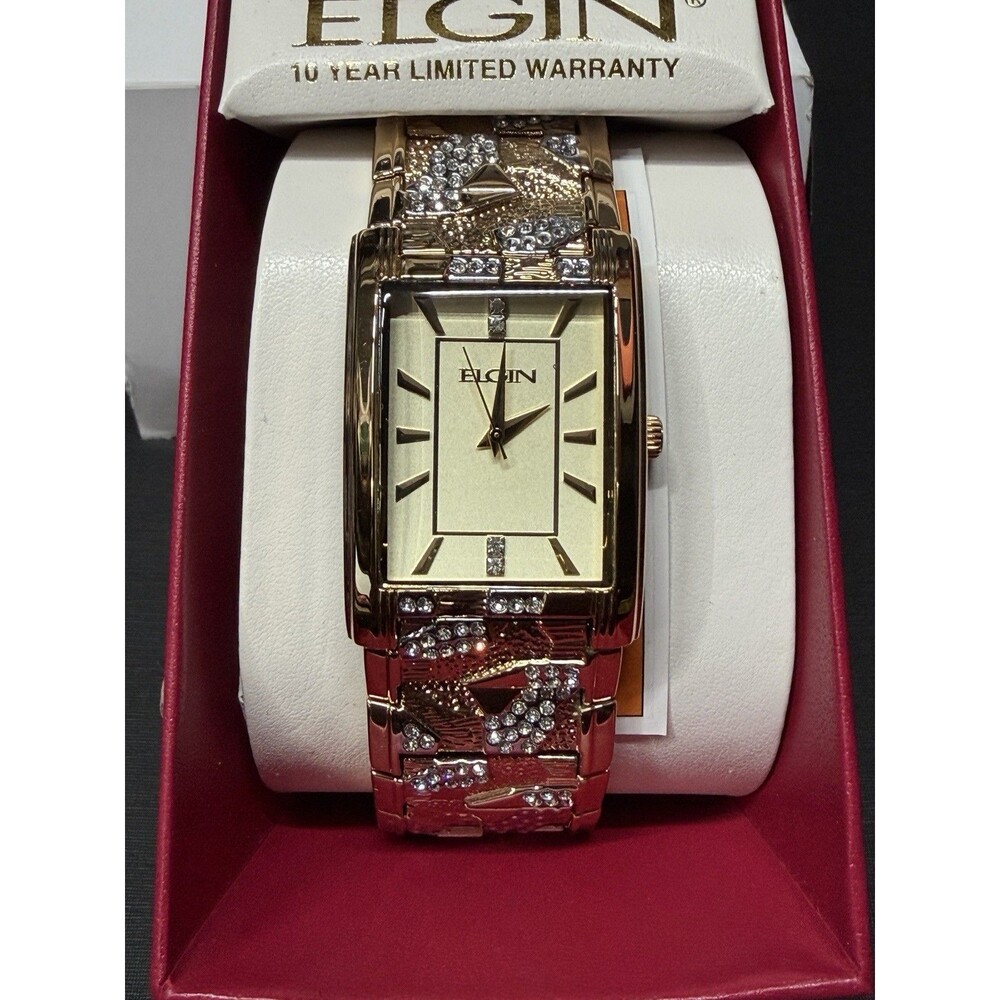 Elgin Men's Gold Tone Rectangular Watch Crystal Accent Textured Bracelet NIB
